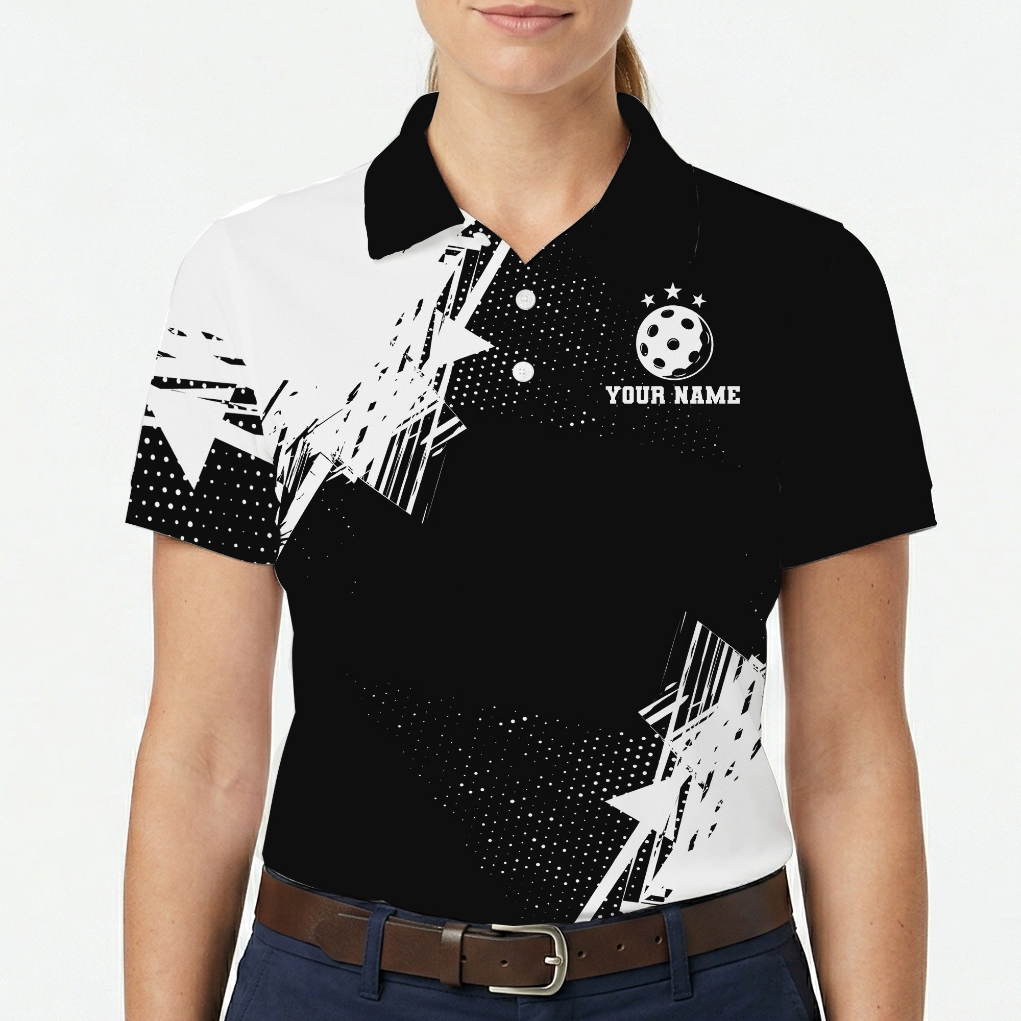Black white starburst pickleball polo shirt with custom name variant 5