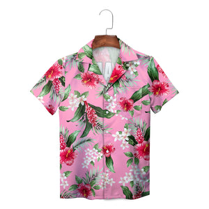 Pink Hawaiian shirt with red hibiscus white plumeria print