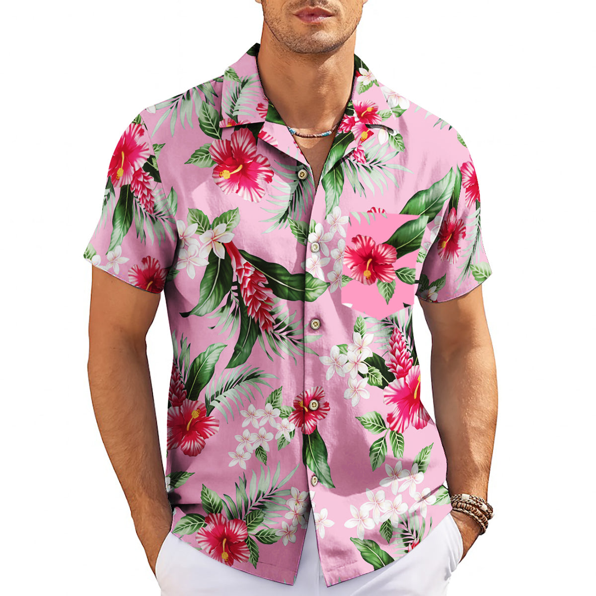 Pink Hawaiian shirt with red hibiscus white plumeria print variant 3