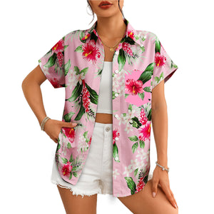 Pink Hawaiian shirt with red hibiscus white plumeria print variant 4