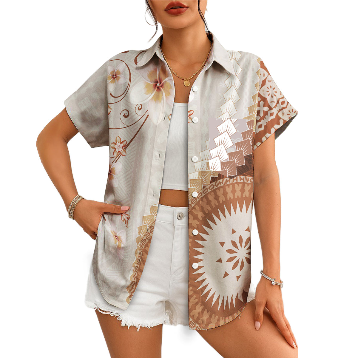 Brown tapa mandala plumeria floral split design camp shirt variant 4