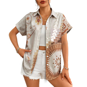 Brown tapa mandala plumeria floral split design camp shirt variant 4