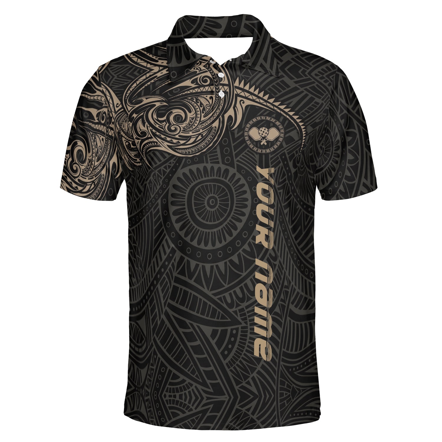 Dark tribal Polynesian pickleball polo with gold accents