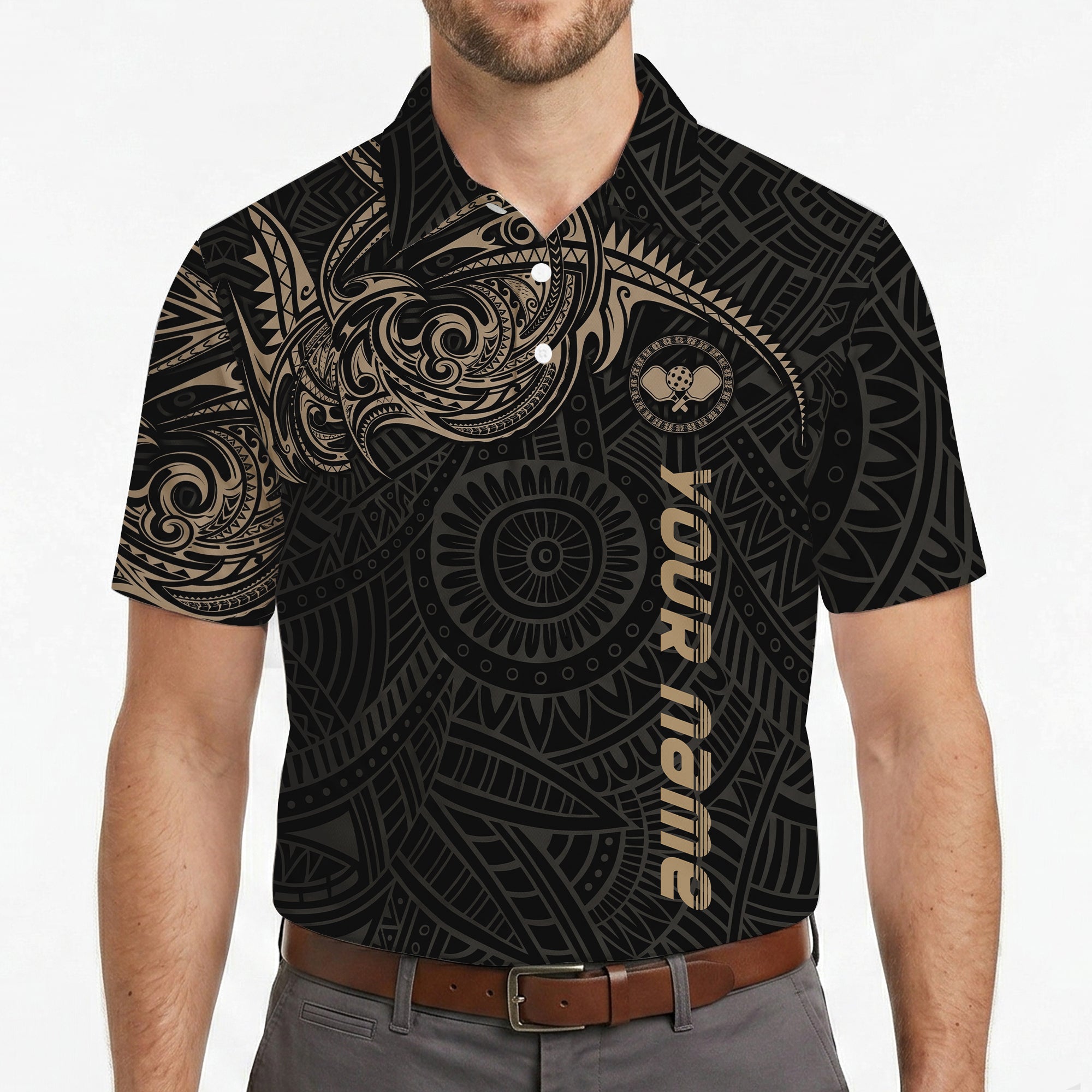 Dark tribal Polynesian pickleball polo with gold accents variant 4