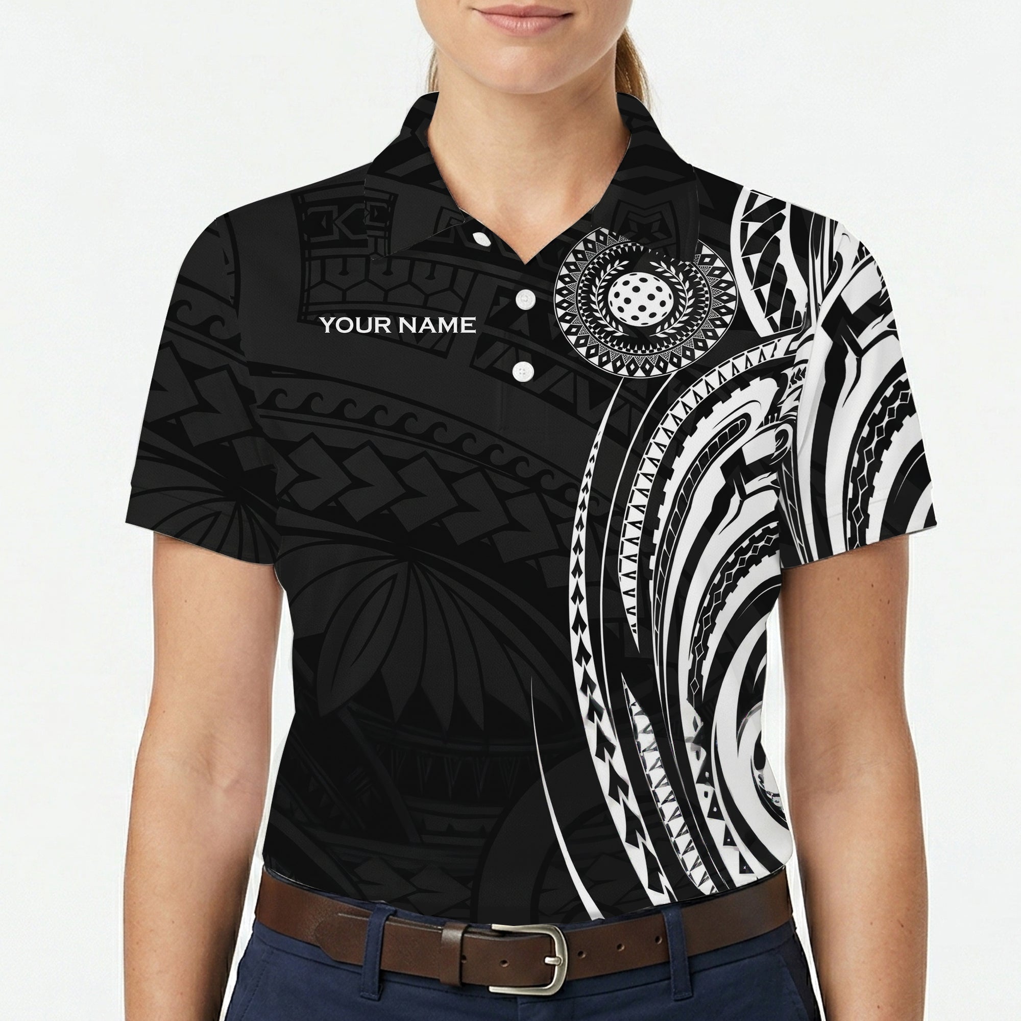 Black white Polynesian tribal pickleball polo shirt mockup variant 5