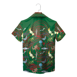 Green Hawaiian shirt with Australian animals red spirals variant 2