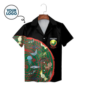 Black Hawaiian shirt with Aboriginal wildlife art and council logo