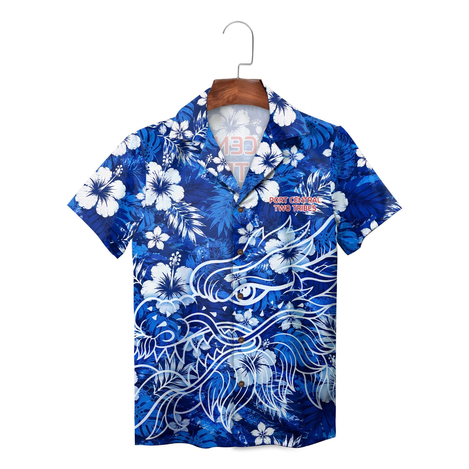 Blue white floral aloha shirt hanging on wooden hanger
