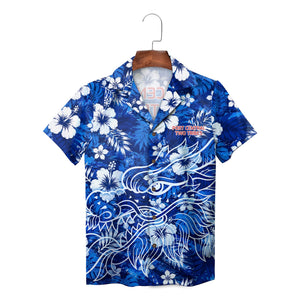 Blue white floral aloha shirt hanging on wooden hanger