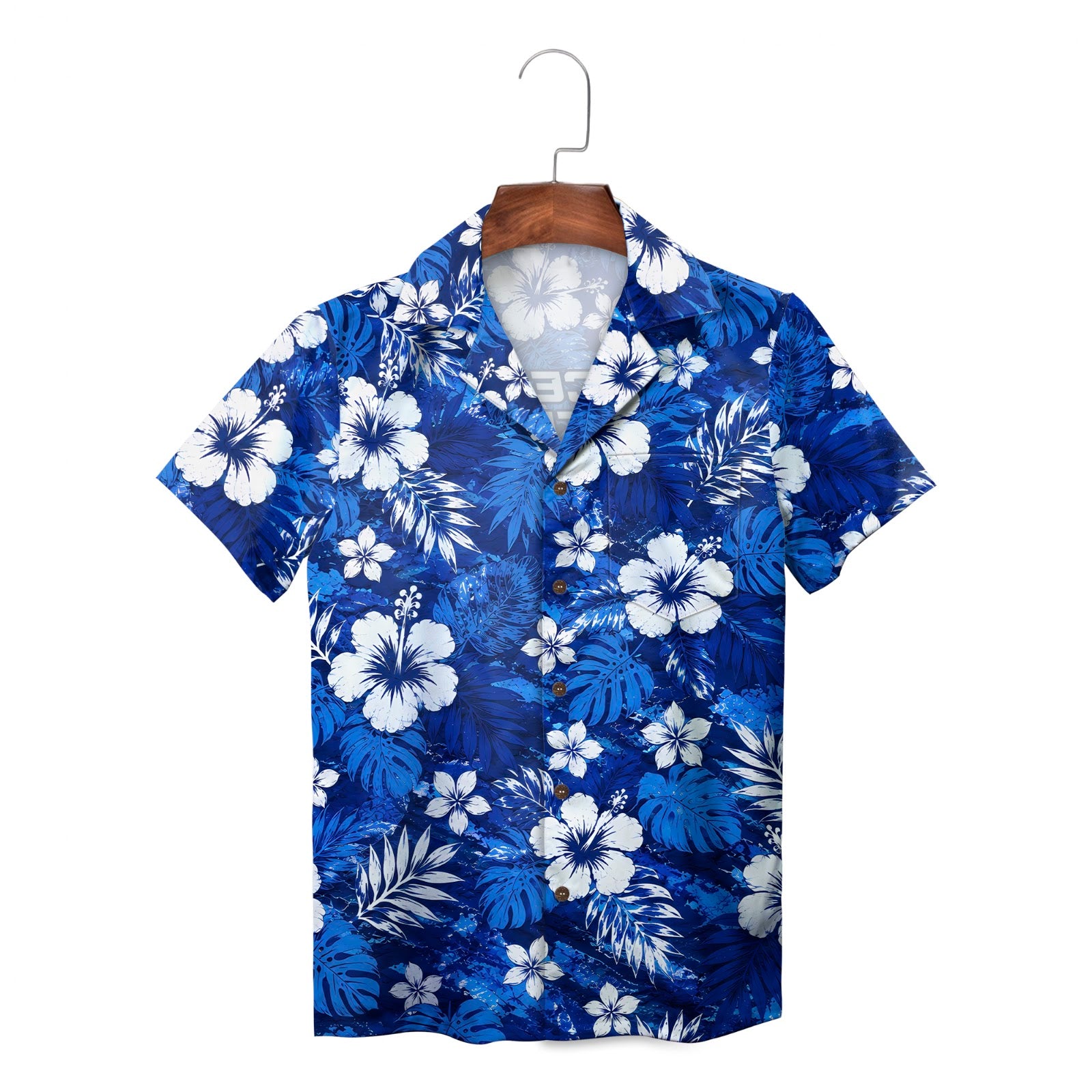 Blue white floral aloha shirt hanging on wooden hanger variant 2