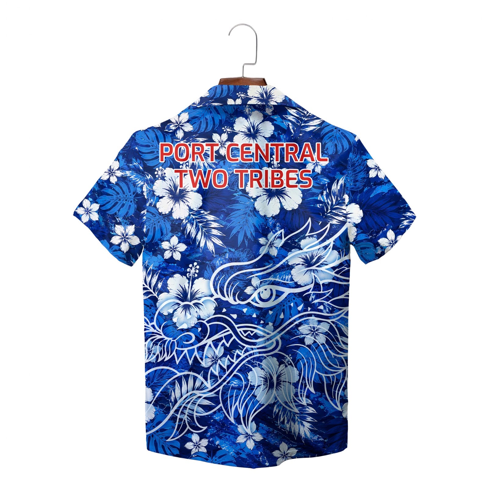 Blue white floral aloha shirt hanging on wooden hanger variant 3
