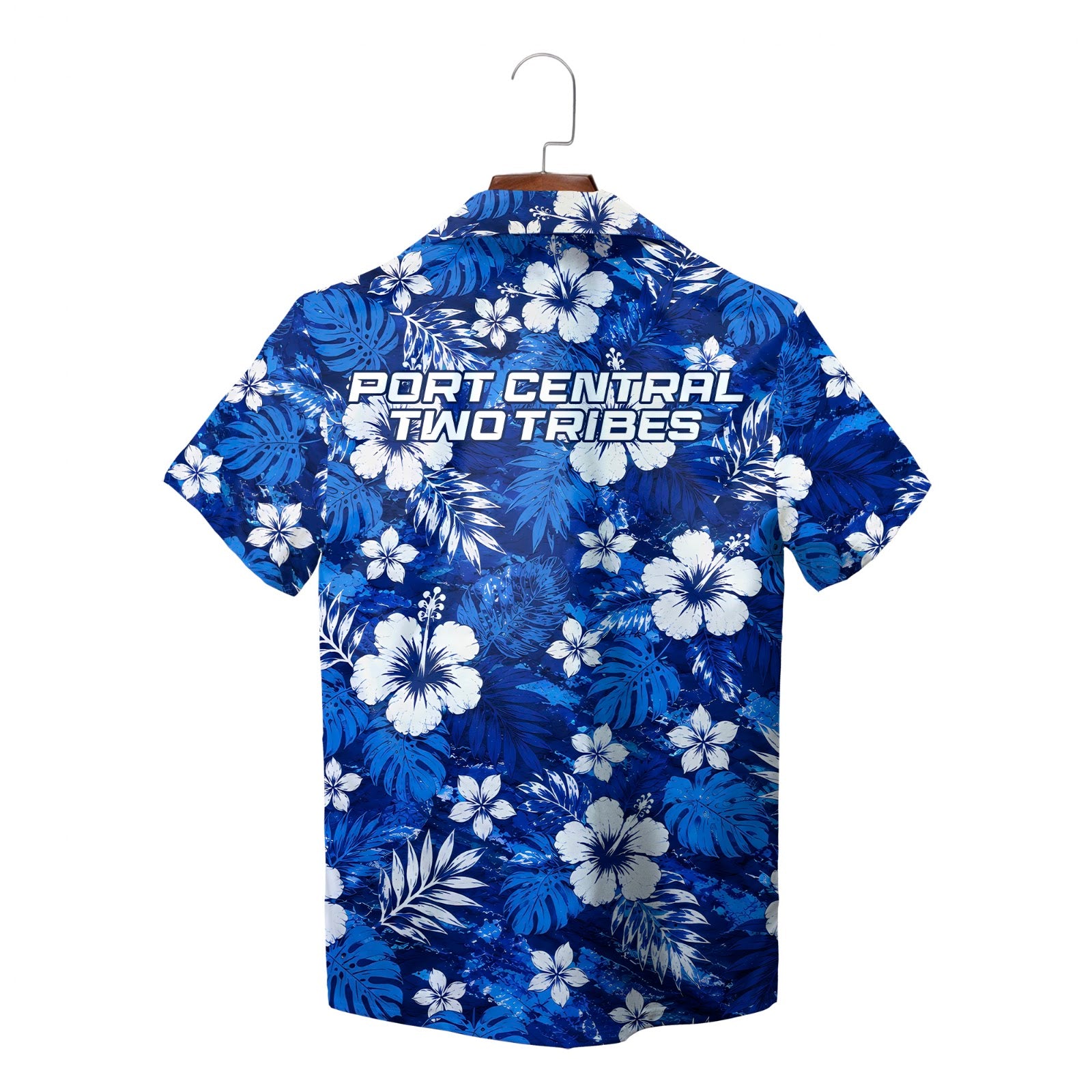 Blue white floral aloha shirt hanging on wooden hanger variant 4