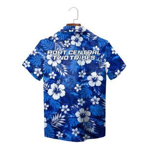 Blue white floral aloha shirt hanging on wooden hanger variant 4
