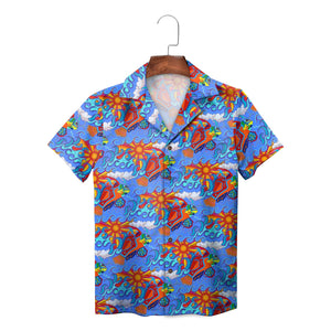 Colorful wave swirl sunburst print shirt on wooden hanger
