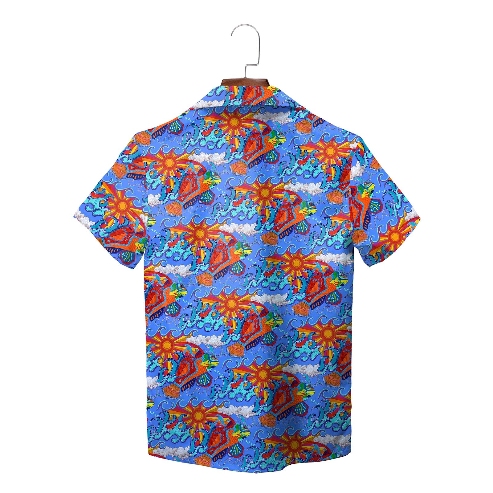 Colorful wave swirl sunburst print shirt on wooden hanger variant 2