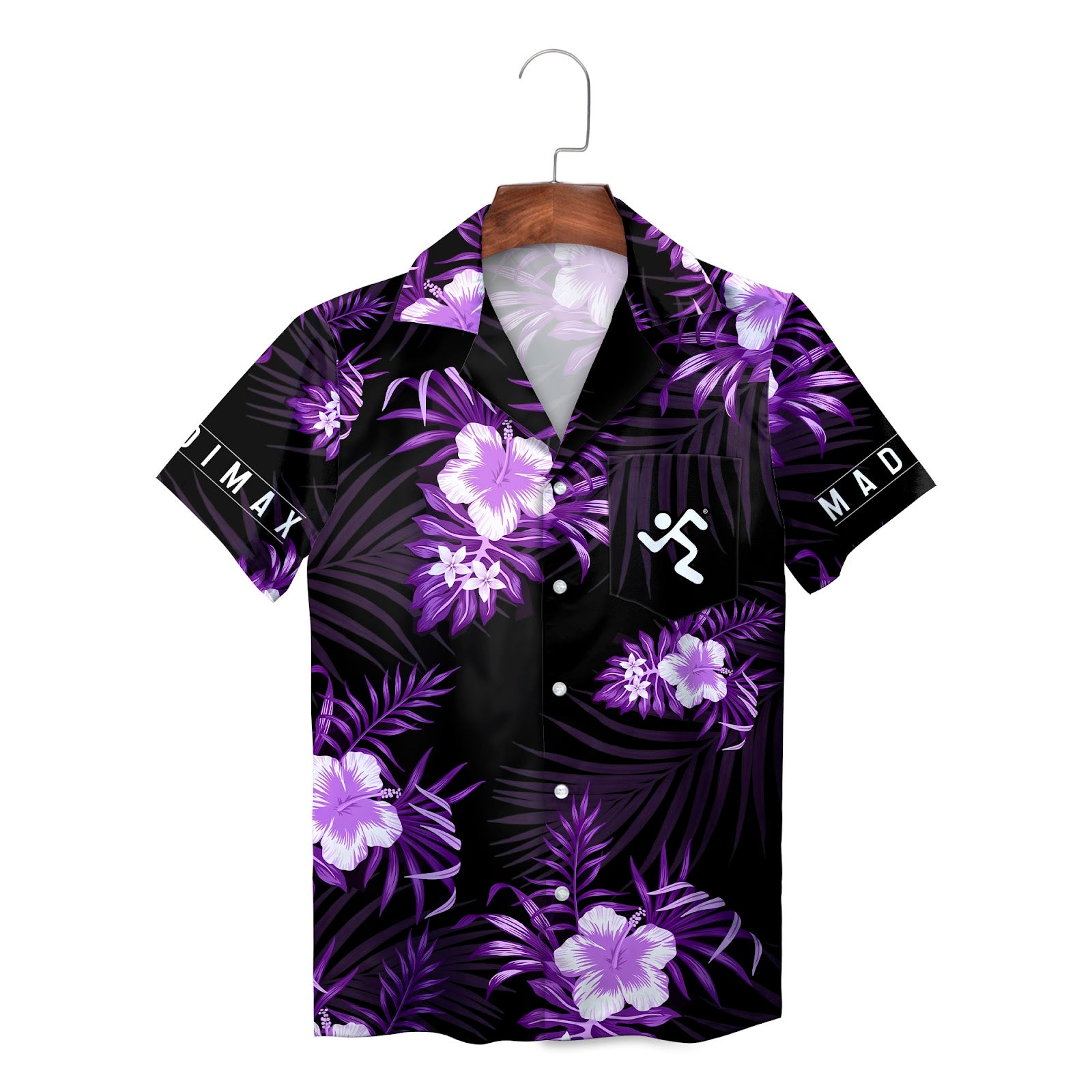 Black Hawaiian shirt purple hibiscus flowers palm fronds