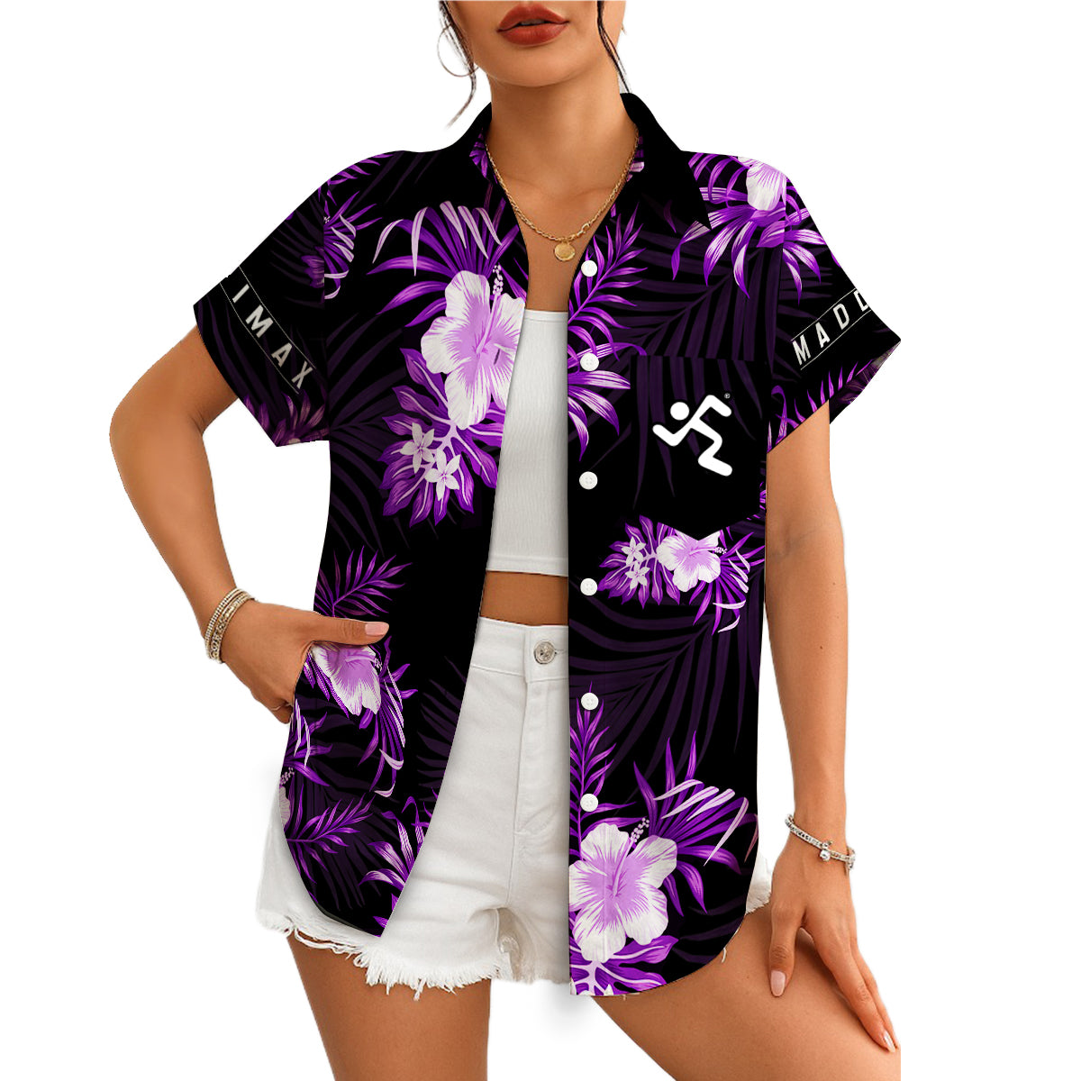 Black Hawaiian shirt purple hibiscus flowers palm fronds variant 4