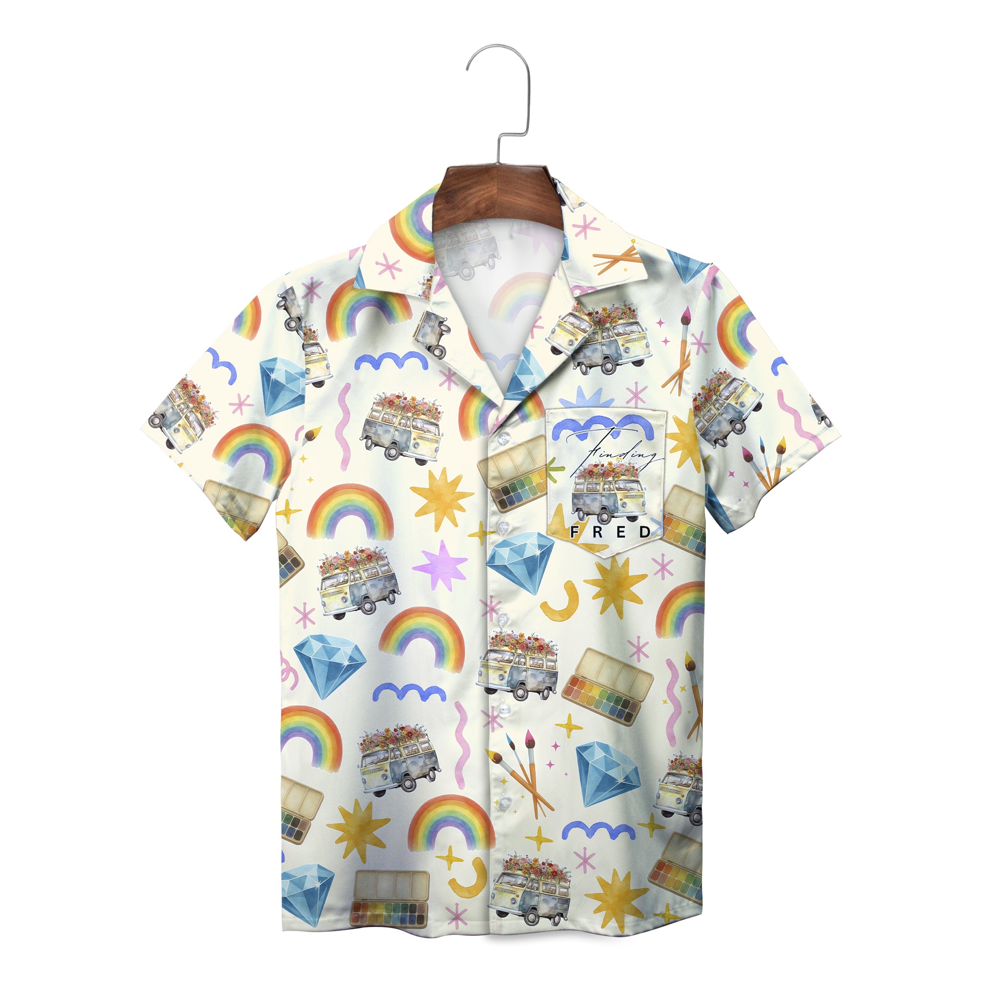 Cream Hawaiian shirt with rainbow van diamond paintbrush pattern