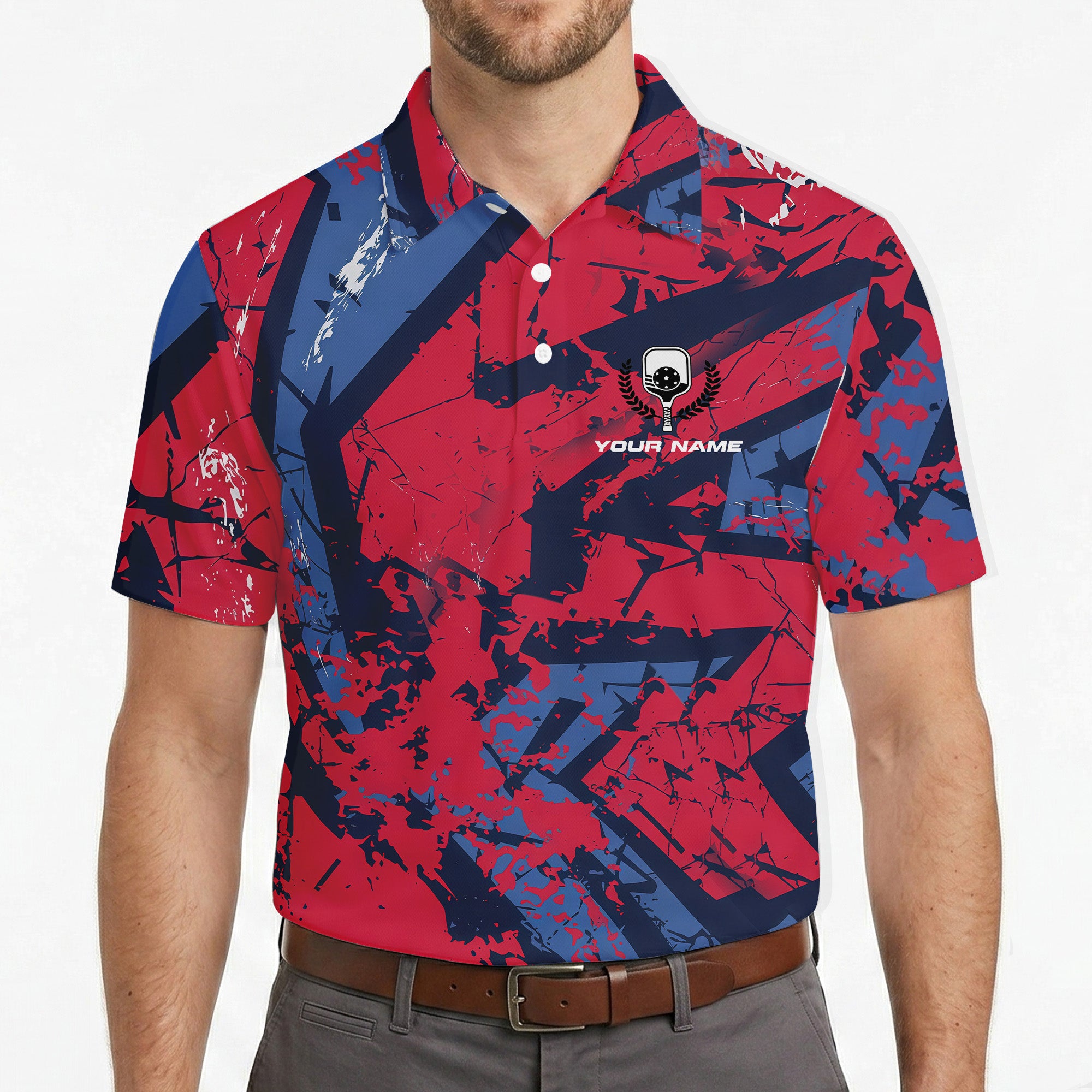 Red navy geometric splatter pickleball polo with name variant 4