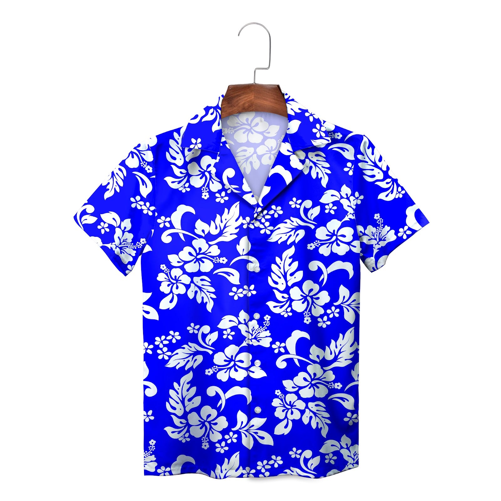 Blue white hibiscus floral Hawaiian shirt on wood hanger