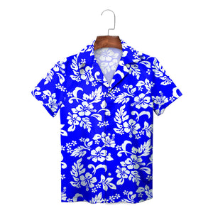 Blue white hibiscus floral Hawaiian shirt on wood hanger