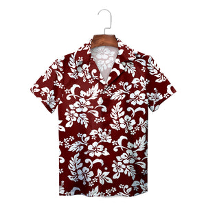 Blue white hibiscus floral Hawaiian shirt on wood hanger variant 2