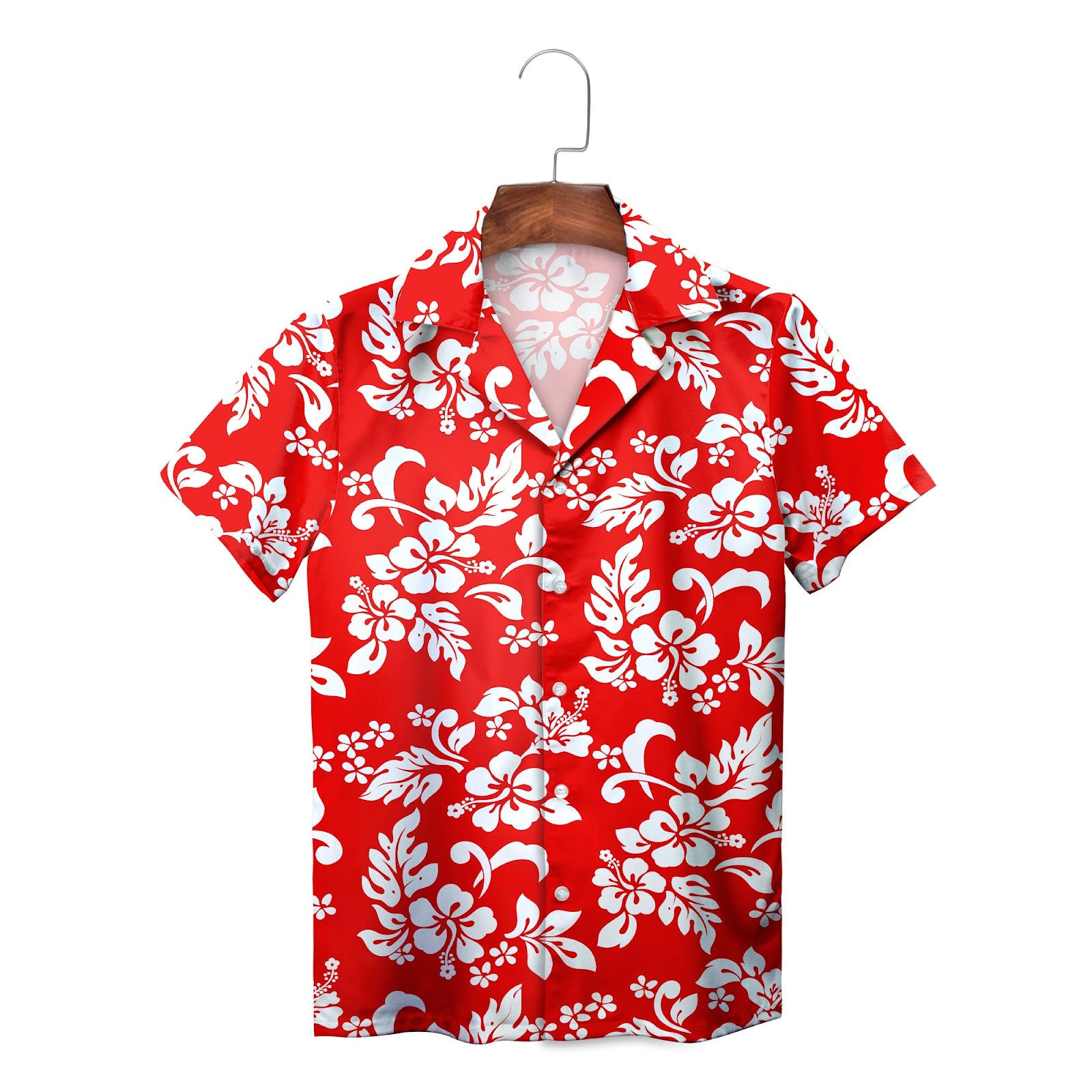 Blue white hibiscus floral Hawaiian shirt on wood hanger variant 3
