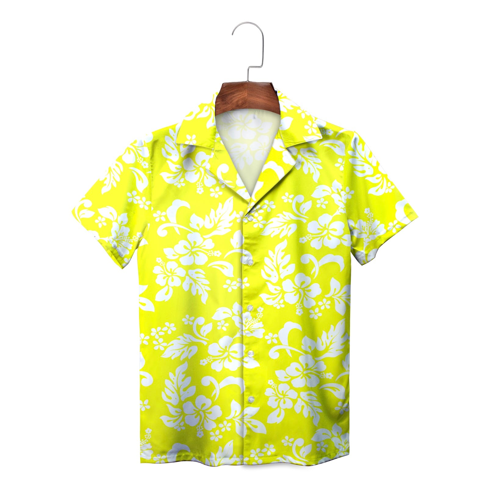 Blue white hibiscus floral Hawaiian shirt on wood hanger variant 4