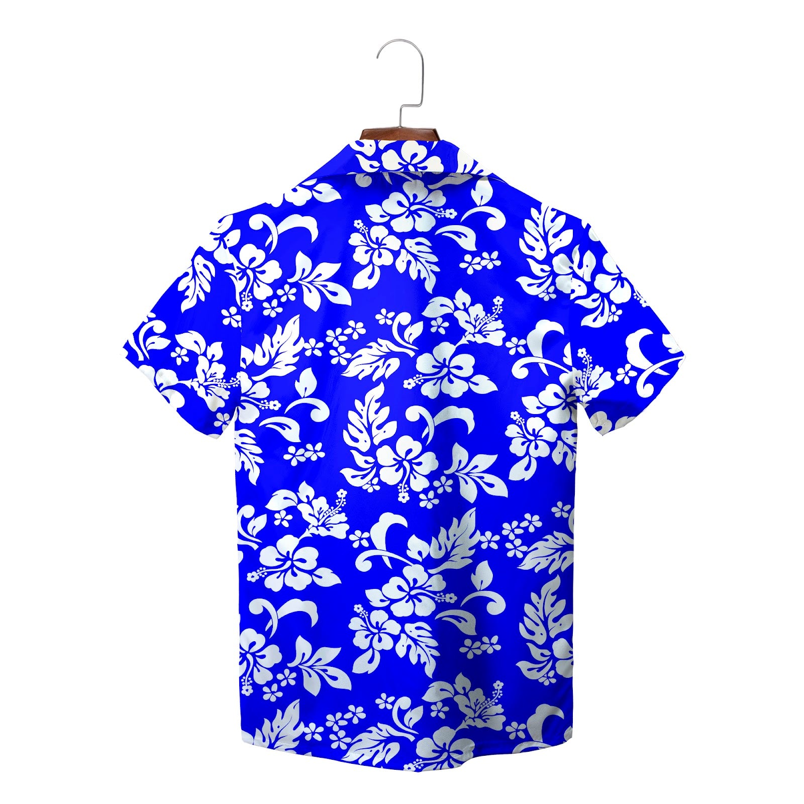 Blue white hibiscus floral Hawaiian shirt on wood hanger variant 5
