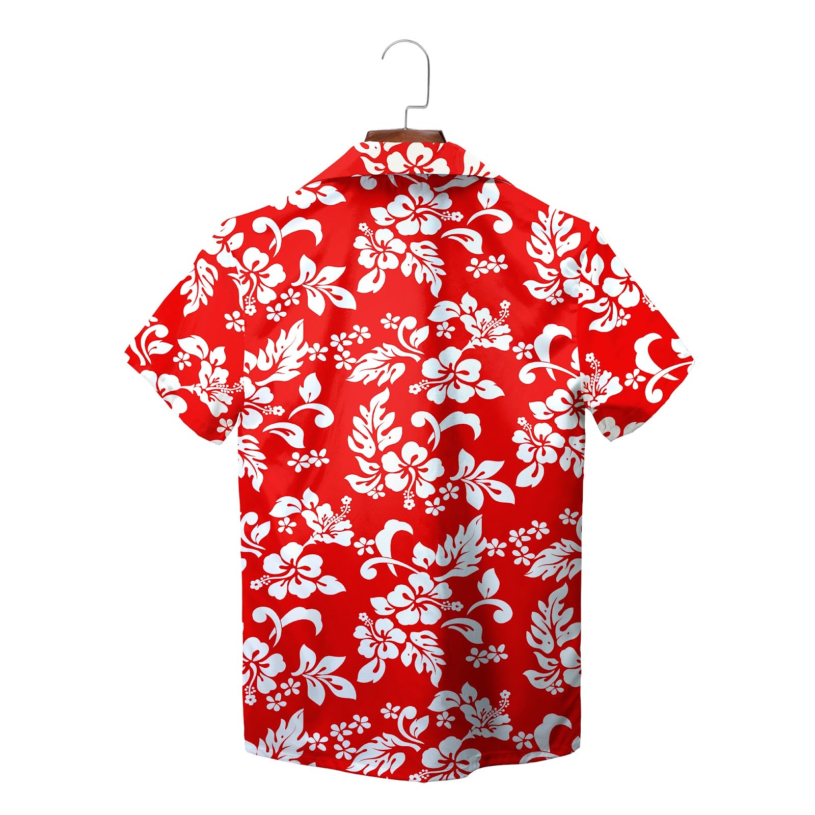 Blue white hibiscus floral Hawaiian shirt on wood hanger variant 7