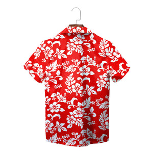 Blue white hibiscus floral Hawaiian shirt on wood hanger variant 7