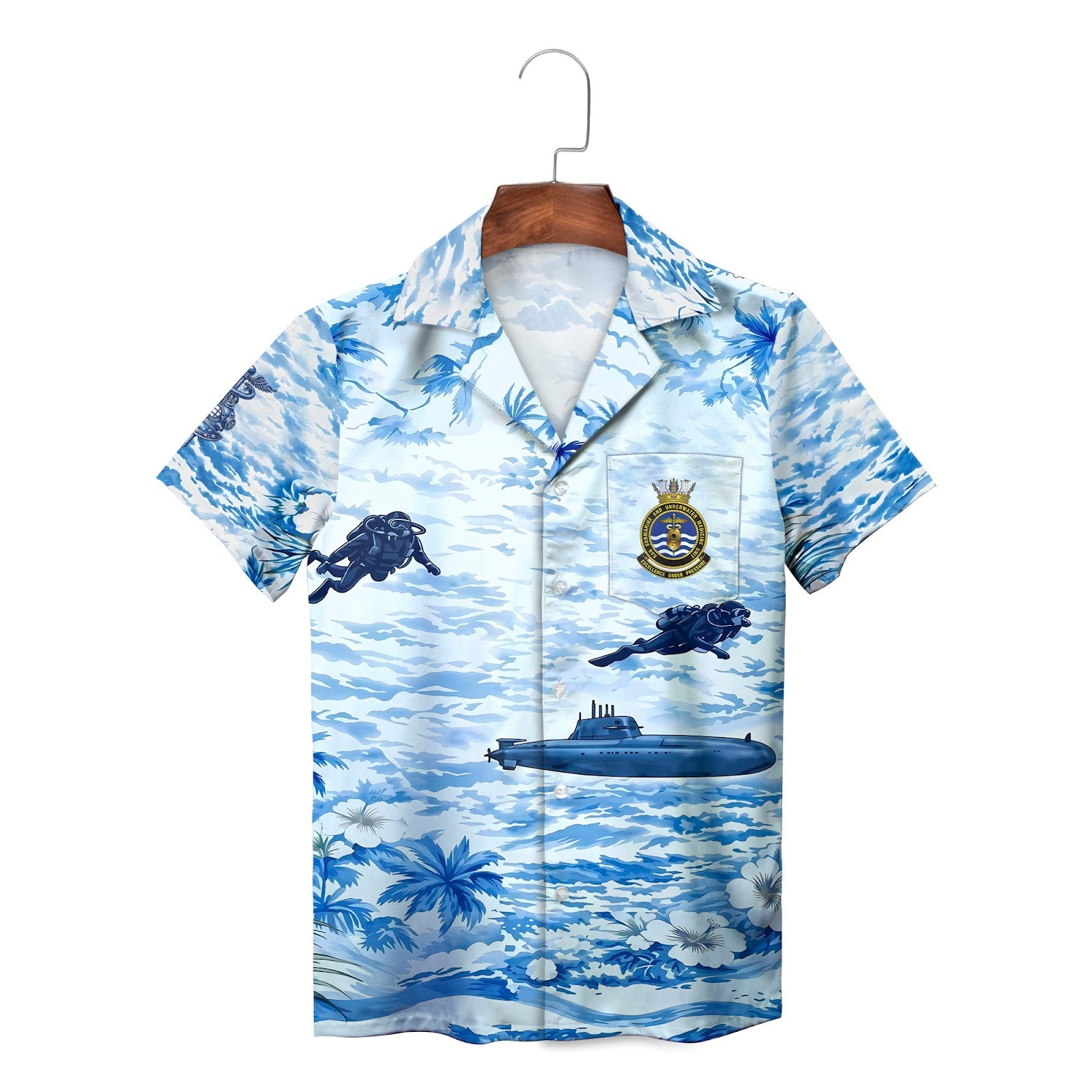 Blue ocean Hawaiian shirt with submarine divers palm trees
