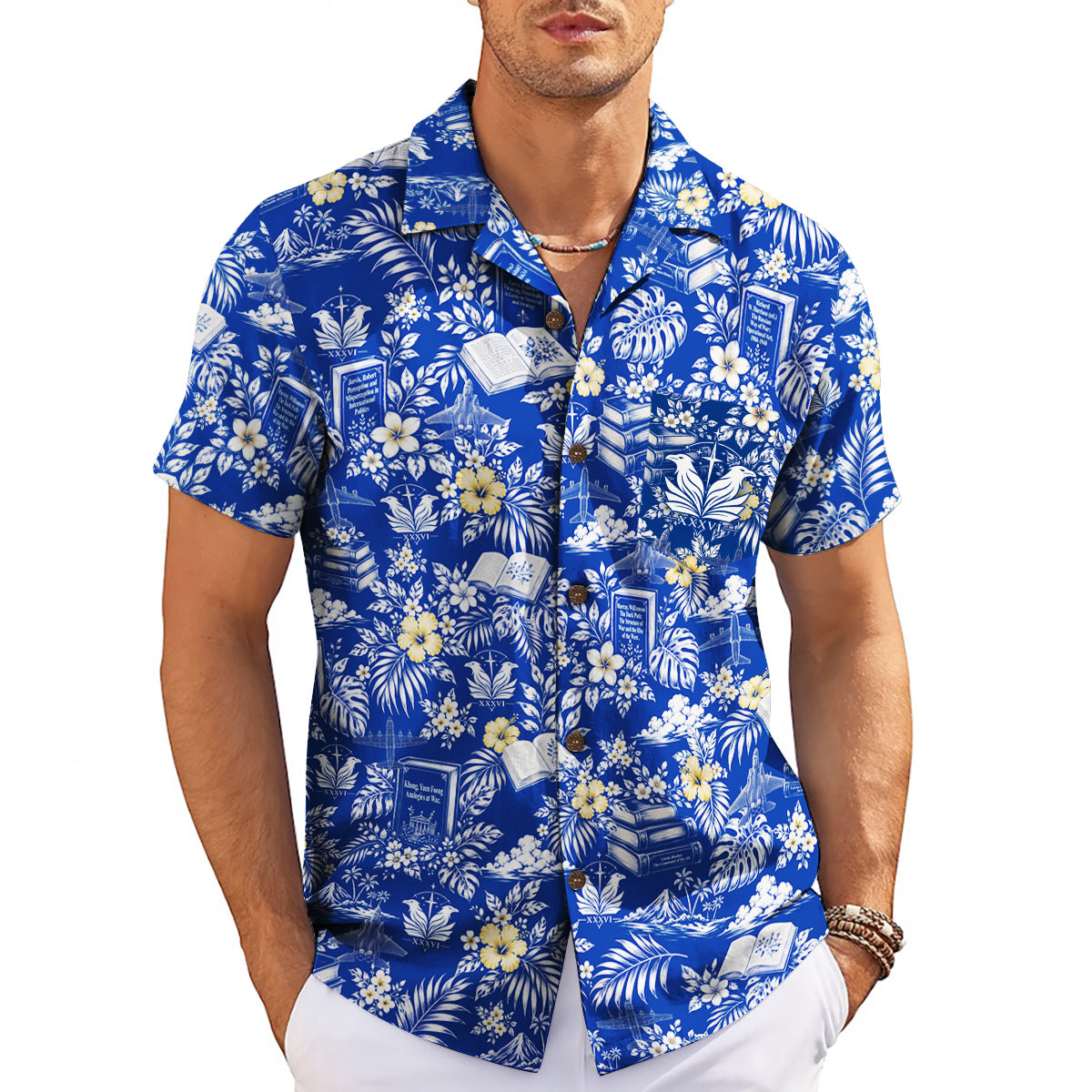 Blue floral shirt printed with books, jets, eagle emblem variant 3