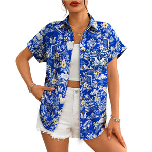 Blue floral shirt printed with books, jets, eagle emblem variant 4