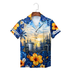 Blue orange hibiscus refinery aloha shirt on hanger