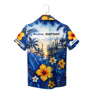 Blue orange hibiscus refinery aloha shirt on hanger variant 2