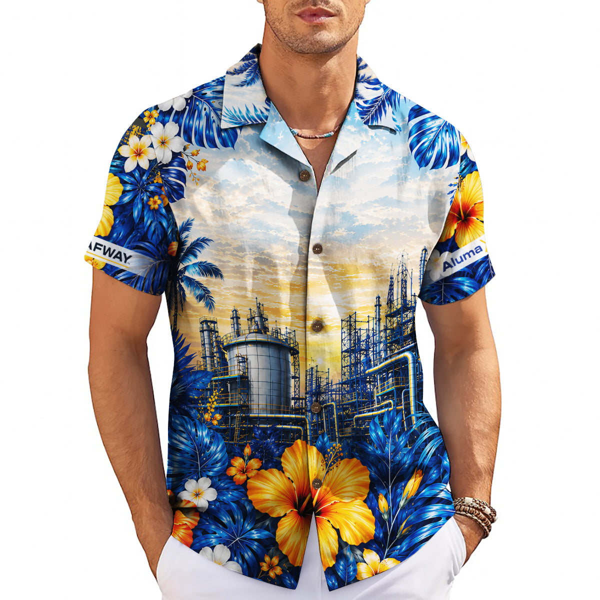 Blue orange hibiscus refinery aloha shirt on hanger variant 3