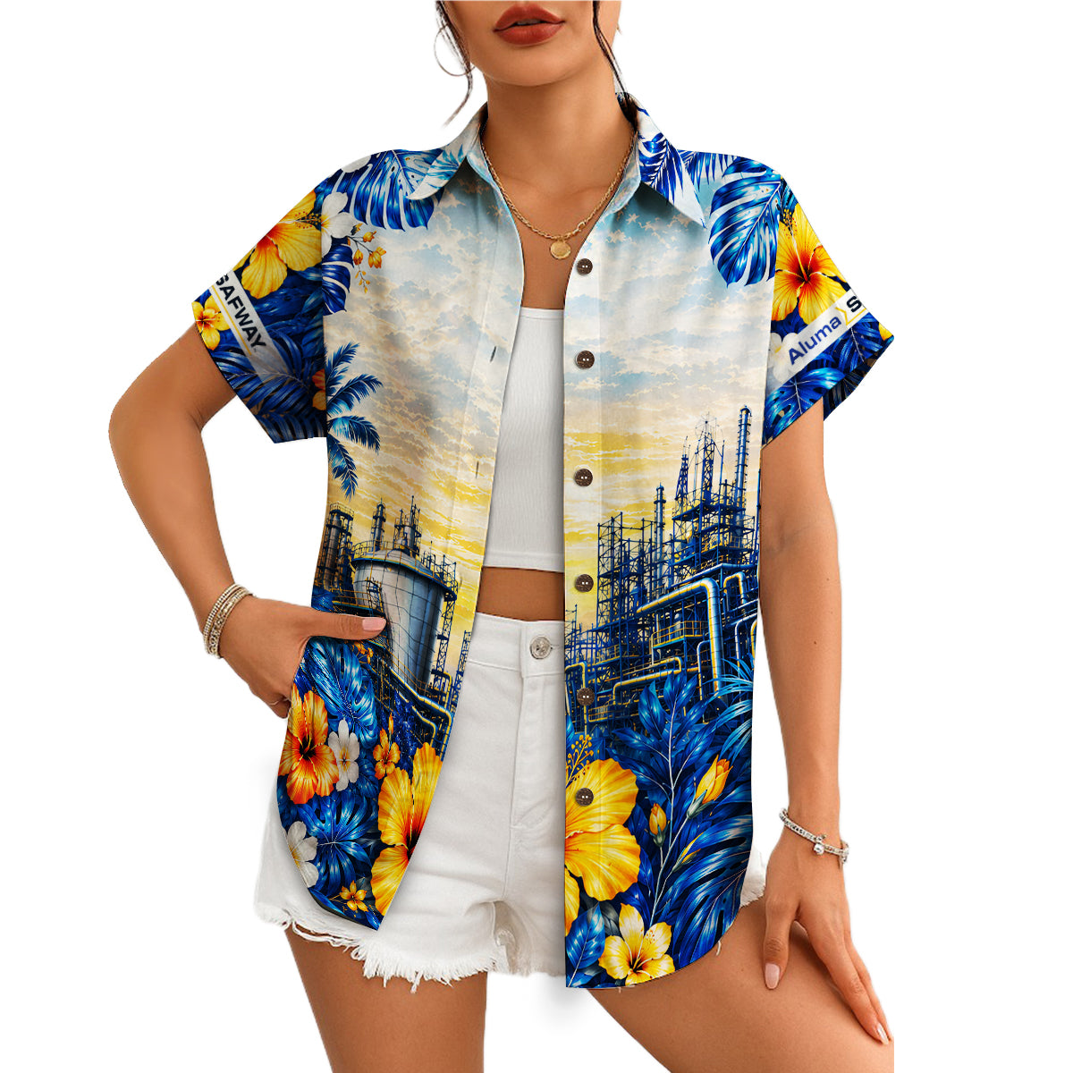 Blue orange hibiscus refinery aloha shirt on hanger variant 4