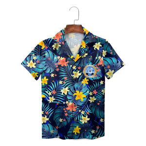 Dark blue floral aloha shirt with school crest pocket