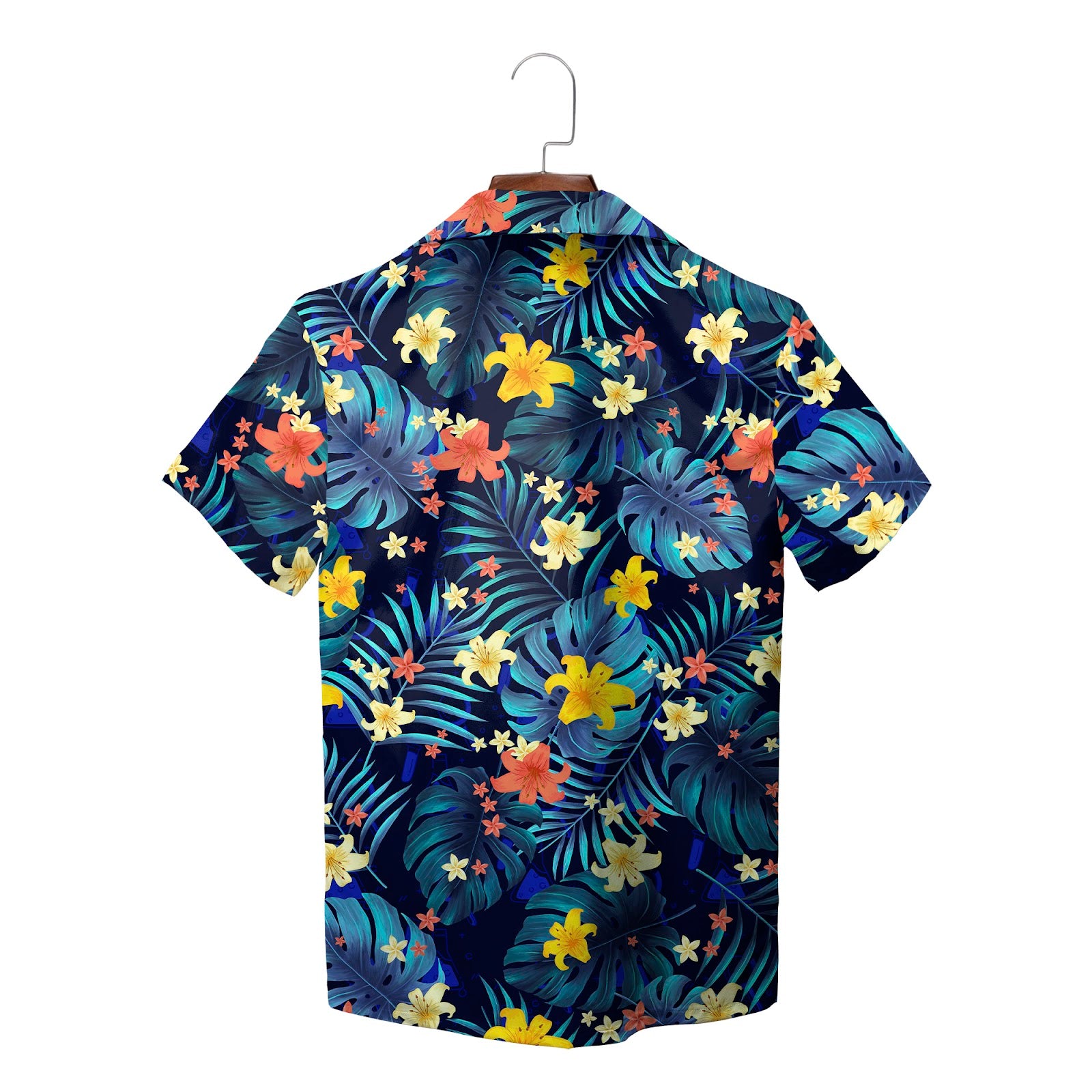 Dark blue floral aloha shirt with school crest pocket variant 2