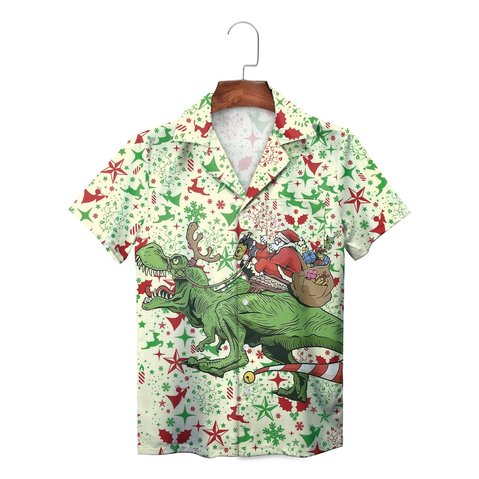 Green T Rex dinosaur carrying Santa Claus Christmas shirt