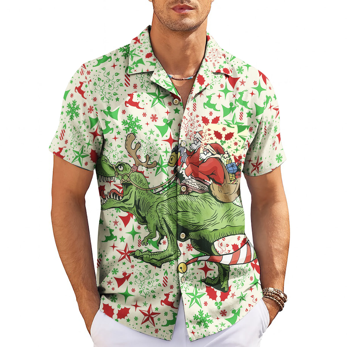 Green T Rex dinosaur carrying Santa Claus Christmas shirt variant 3