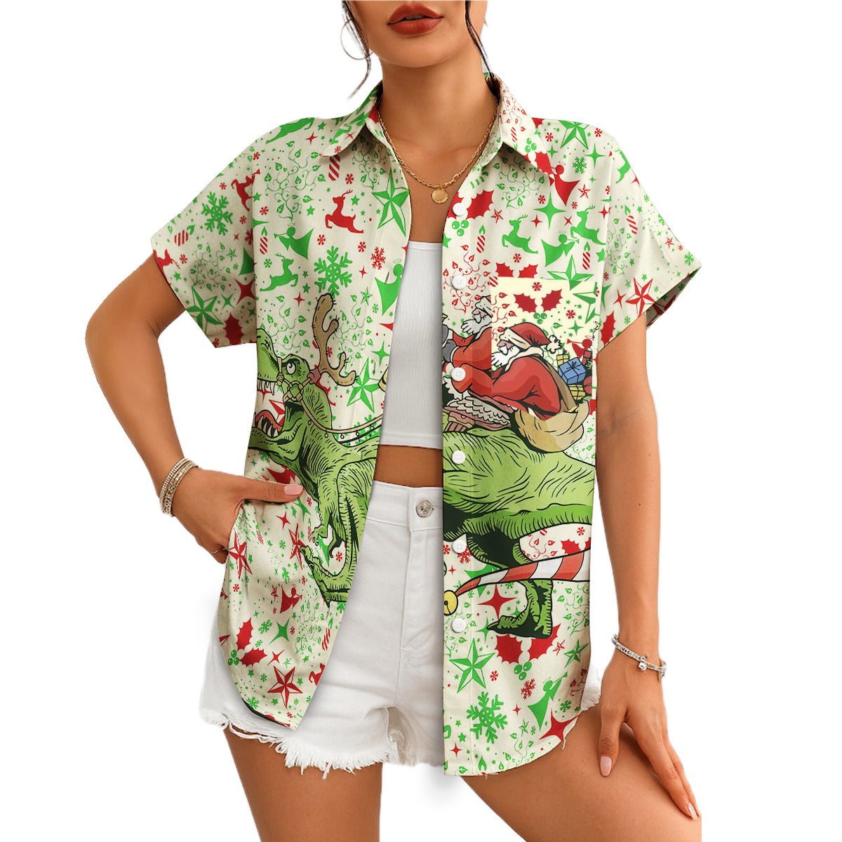 Green T Rex dinosaur carrying Santa Claus Christmas shirt variant 4