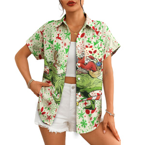 Green T Rex dinosaur carrying Santa Claus Christmas shirt variant 4