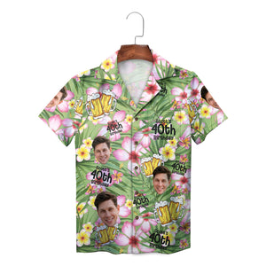 Green floral aloha shirt showing clinking beer mugs faces