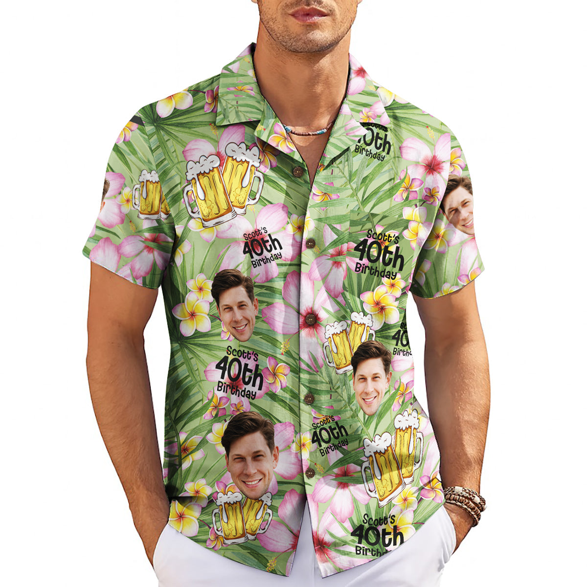 Green floral aloha shirt showing clinking beer mugs faces variant 3