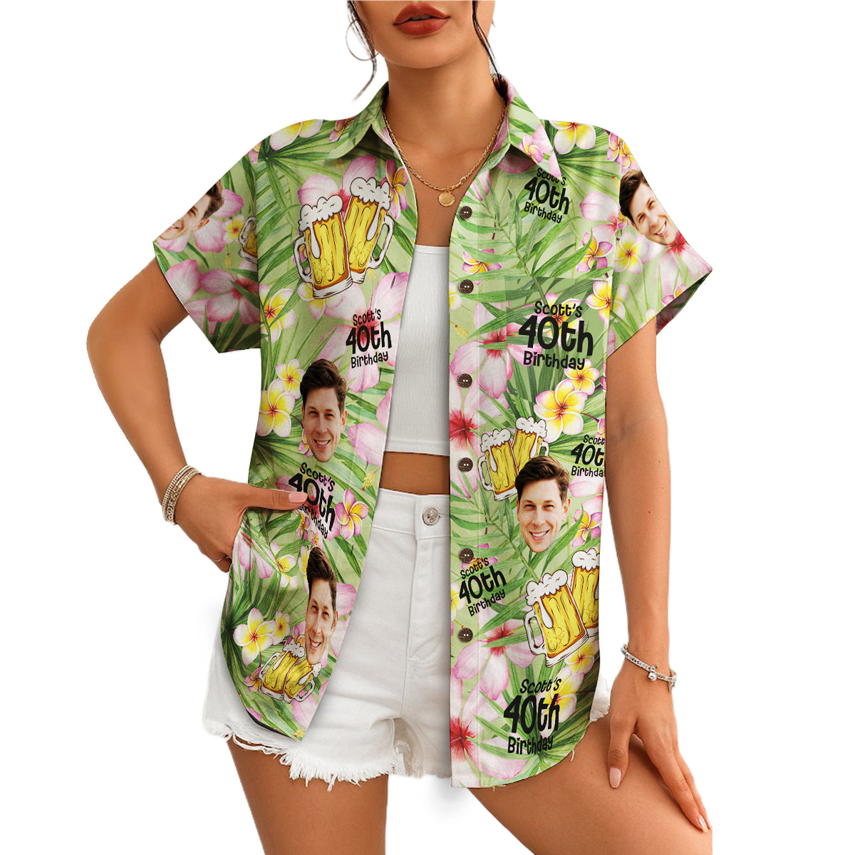 Green floral aloha shirt showing clinking beer mugs faces variant 4