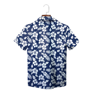 Navy blue floral aloha shirt showing cardinal hawk emblem variant 2