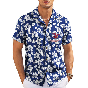 Navy blue floral aloha shirt showing cardinal hawk emblem variant 3