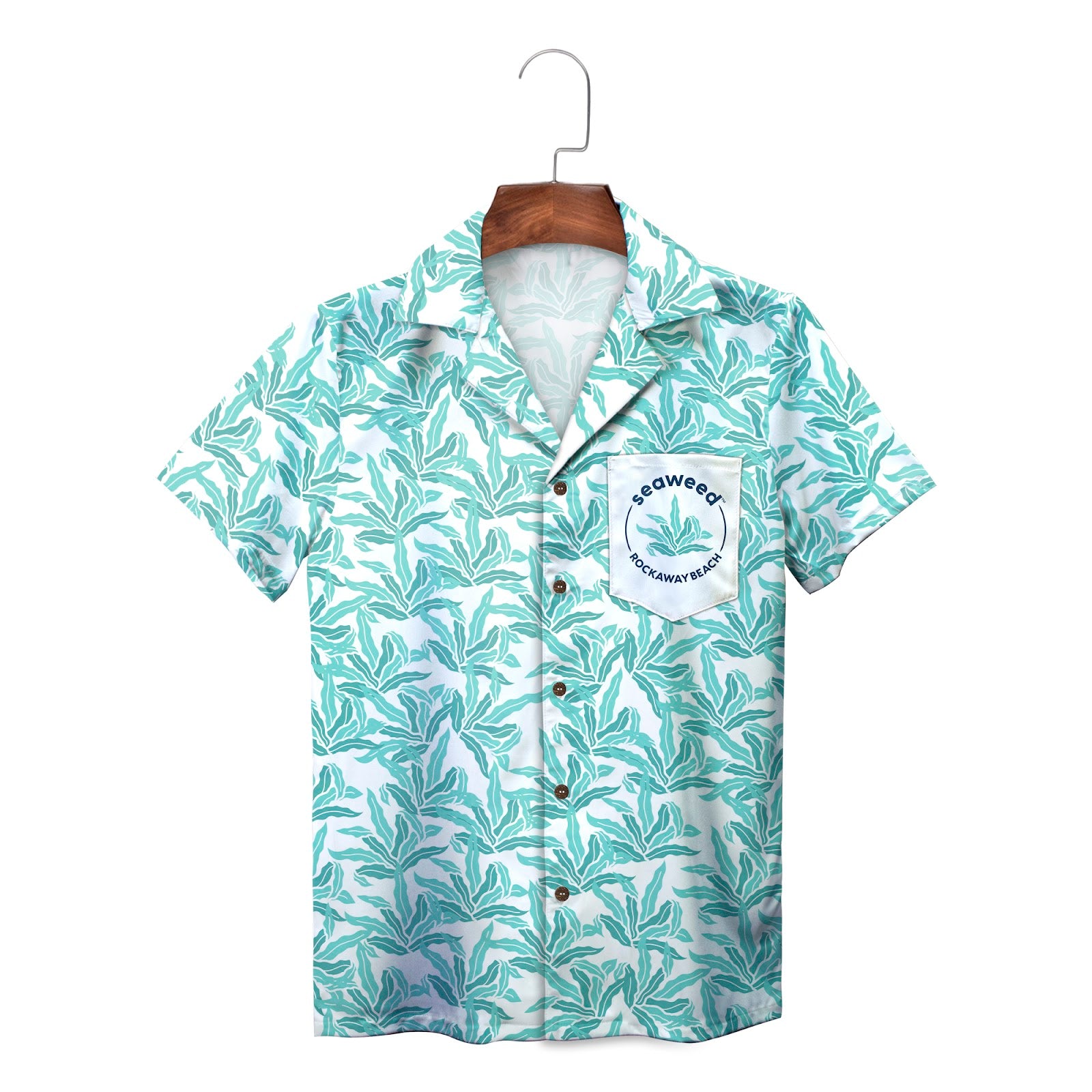 Teal kelp print camp shirt with Seaweed pocket logo